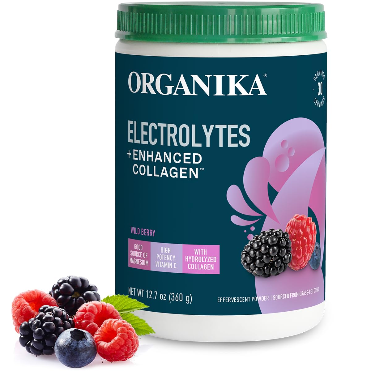 Organikа Electrolytes with Enhanced Collagen Powder for Women & Men - 13 oz - Wild Berry-Flavored Effervescent Electrolyte & Collagen Drink Mix - Deep Hydration, Mobility, Skin, Hair, & Nails