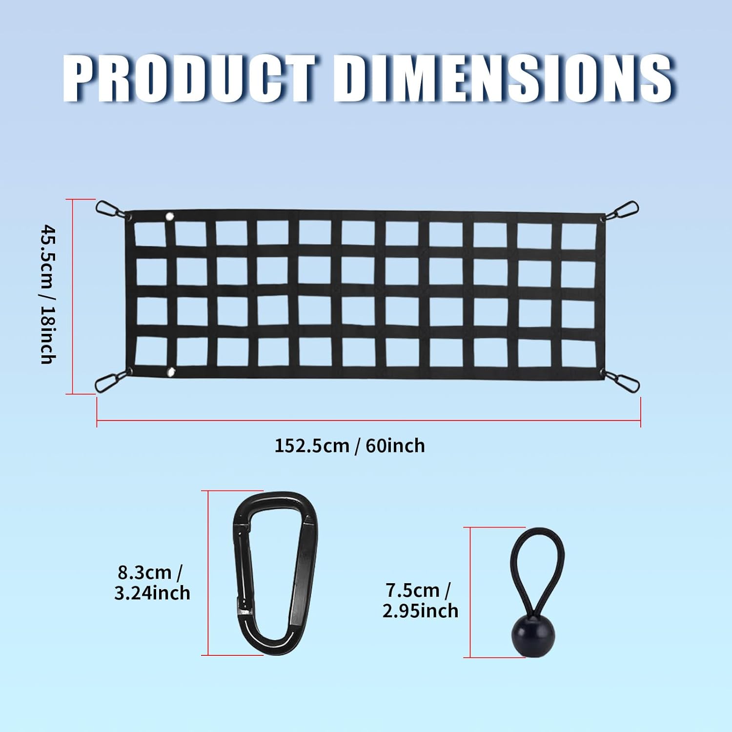Heavy-Duty Truck Tailgate Cargo Net, 60x18 Inch with Carabiners, Bungee Balls, Universal Tailgate Mesh Net Fit for Pickup Truck, Cargo Netting with Hooks Fit for Chevrolet,Ford,Toyota,GMC,Jeep, Black