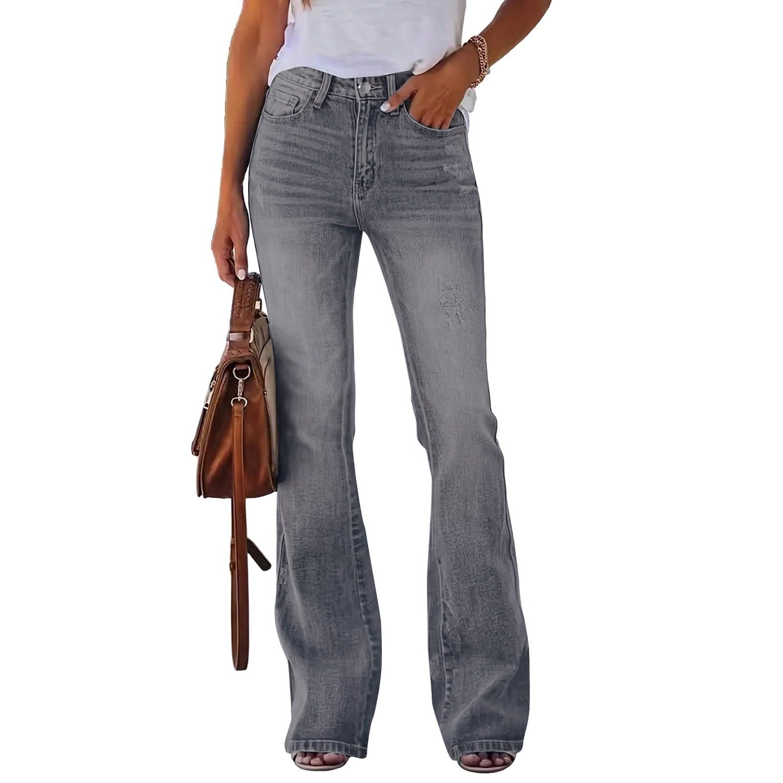 Pantalones vaqueros acampanados para mujer, cintura alta, elásticos, extralargos, ajustados, corte boot, pantalones vaqueros elásticos para mujer, con tira de botones, para otoño, ropa de calle