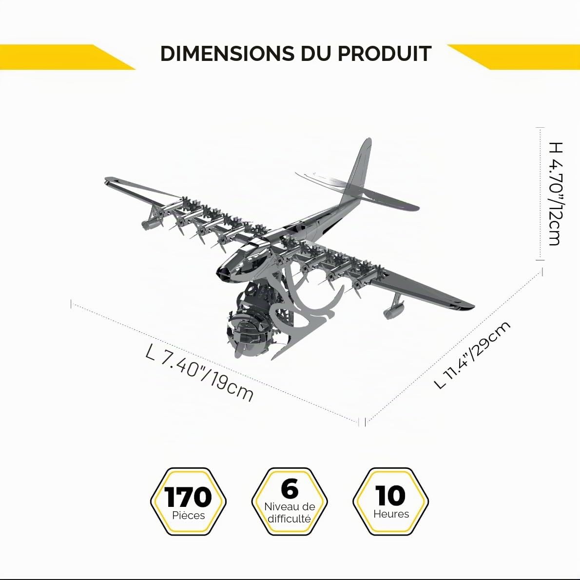 METAL TEMPS Hercules Hughes H-4 Herkuleles Sapin Goose - Kit de modélisme 3D en métal avec mécanisme pivotant, modèle volant herkules, plateforme amovible, 170 pièces.