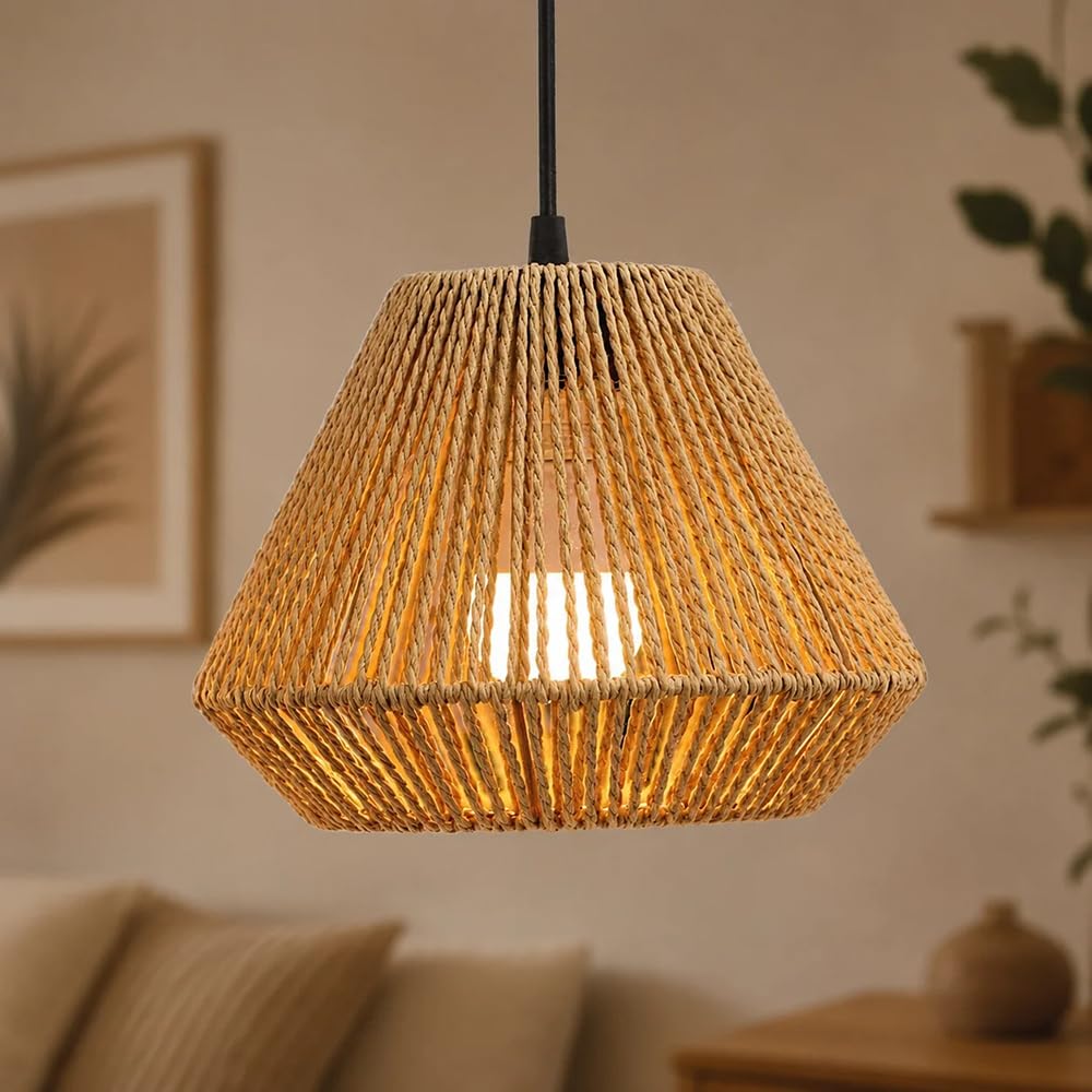 Lámpara Colgante De Ratán Estilo Granja, Lámpara Colgante Rústica De Cuerda De Papel De 23,9 Cm Con Pantalla De Mimbre Tejida A Mano, Lámpara De Techo De Altura Ajustable Para Isla De Cocina