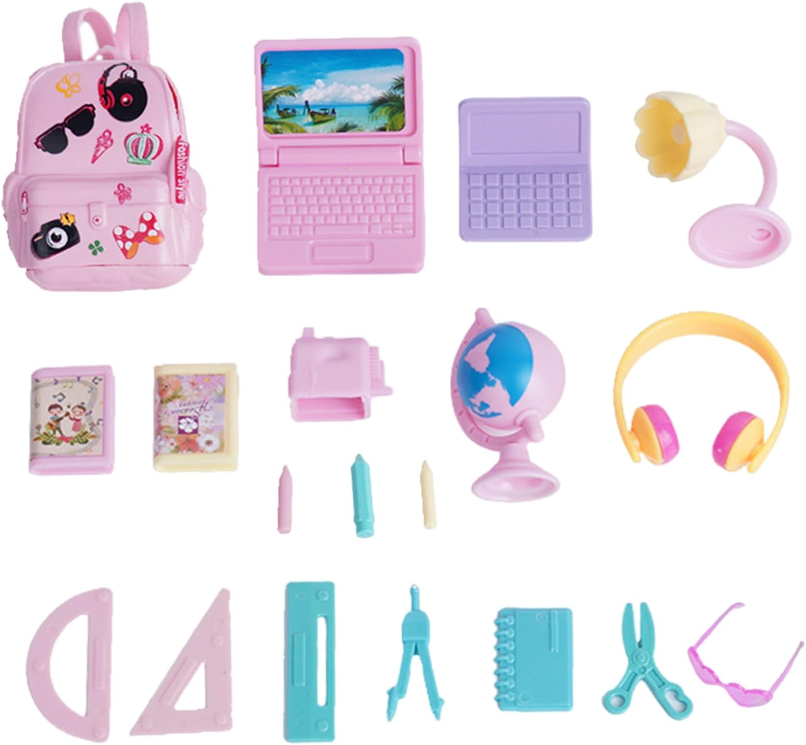 – 18Pcs Mini School Supplies Dollhouse, Including Tiny Backpack, Mini Laptop, Desk lamp, Stationery, Globe, Glasses, Headphones Doll House Accessories Set