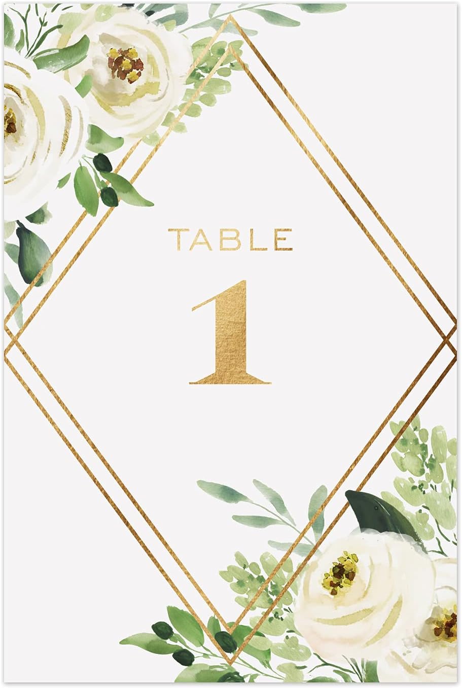 White Floral Greenery Table Numbers/Set Of 28 Wedding Table Number Cards / 4" x 6" Flat Watercolor Botanical Design With Faux Gold Accents