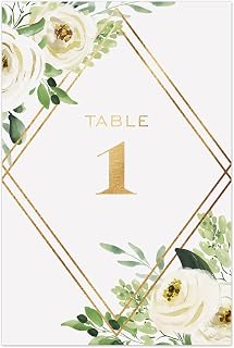 White Floral Greenery Table Numbers/Set Of 28 Wedding Table Number Cards / 4" x 6" Flat Watercolor Botanical Design With Faux Gold Accents
