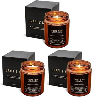 Craft & Kin Scented Candle Bundle for Men – Smoke & Vanilla, English Leather, and White Sage Scents | All-Natural, Long-Lasting 45 Hour Burn | 8oz Premium Candles for Home & Gifting