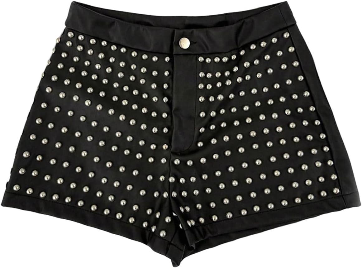GORGLITTER Women's Punk Studded Mini Shorts PU Leather Low Rise Skinny Micro Hot Pants Party Rave Clubwear