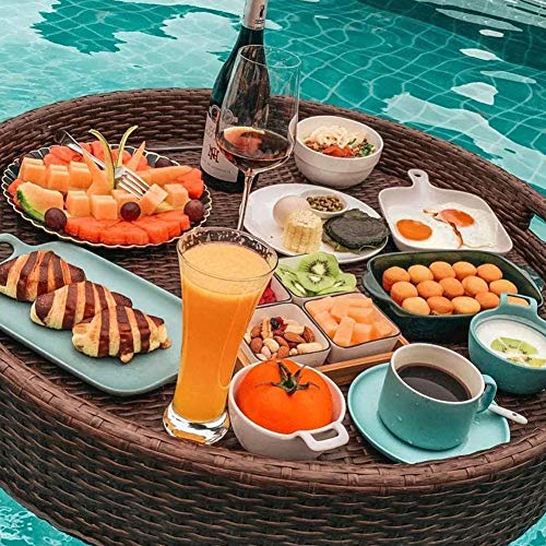 Round Rattan Woven Serving Tray Rattan Floating Breakfast Tray With Handles, Swimming Pool Floats, For Adults For Sandbars Spas Bath And Parties Wedding Photography Photo Shoot #TOP2