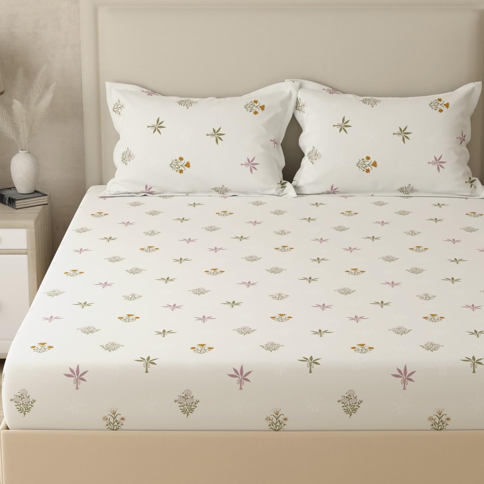 HUESLAND by Ahmedabad Cotton 210 TC Cotton Bedsheet King Size Bed with 2 Pillow Covers | 108x108 inches | Palm Meadow | Cream, Pink, Green & Ocre-image-26