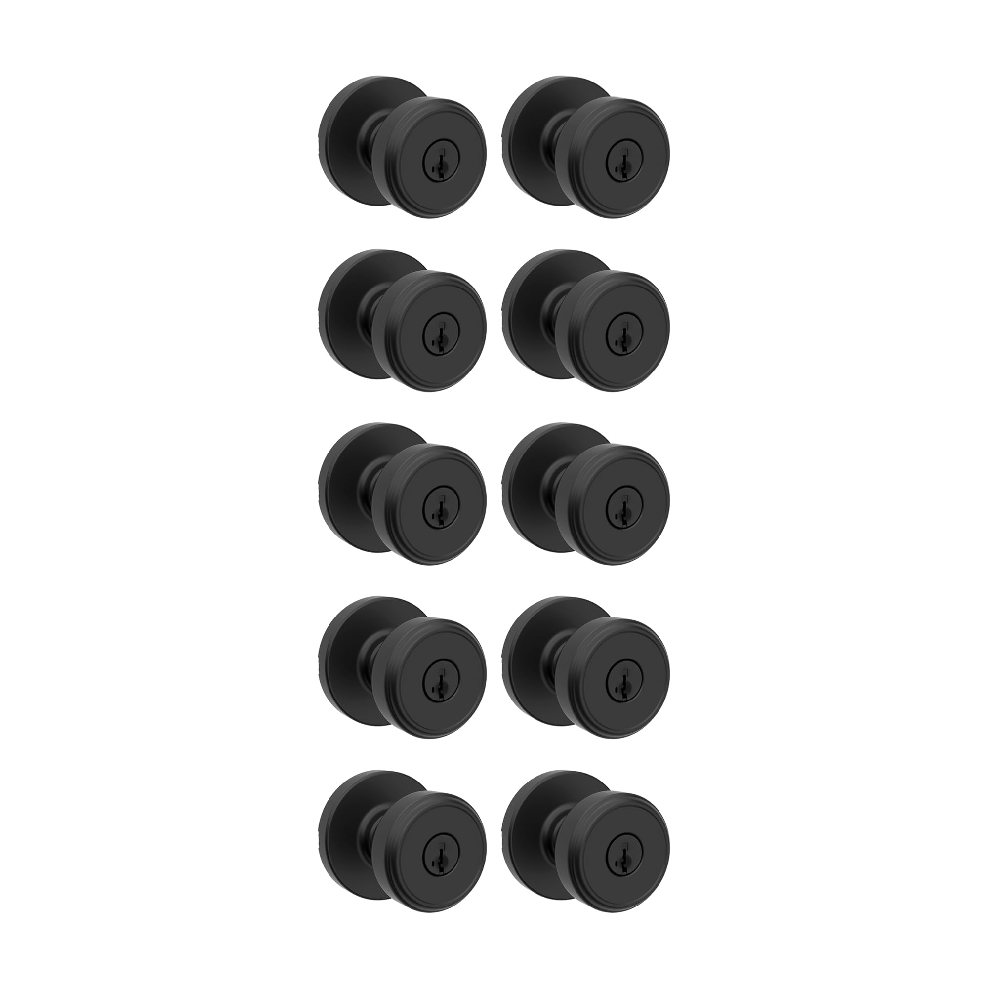 Kwikset Maven Entry Door Knob with Lock and Key, Secure Keyed Handle Exterior, Front Entrance and Bedroom, Matte Black, 10 Pack, Pick Resistant SmartKey Rekey Security and Microban