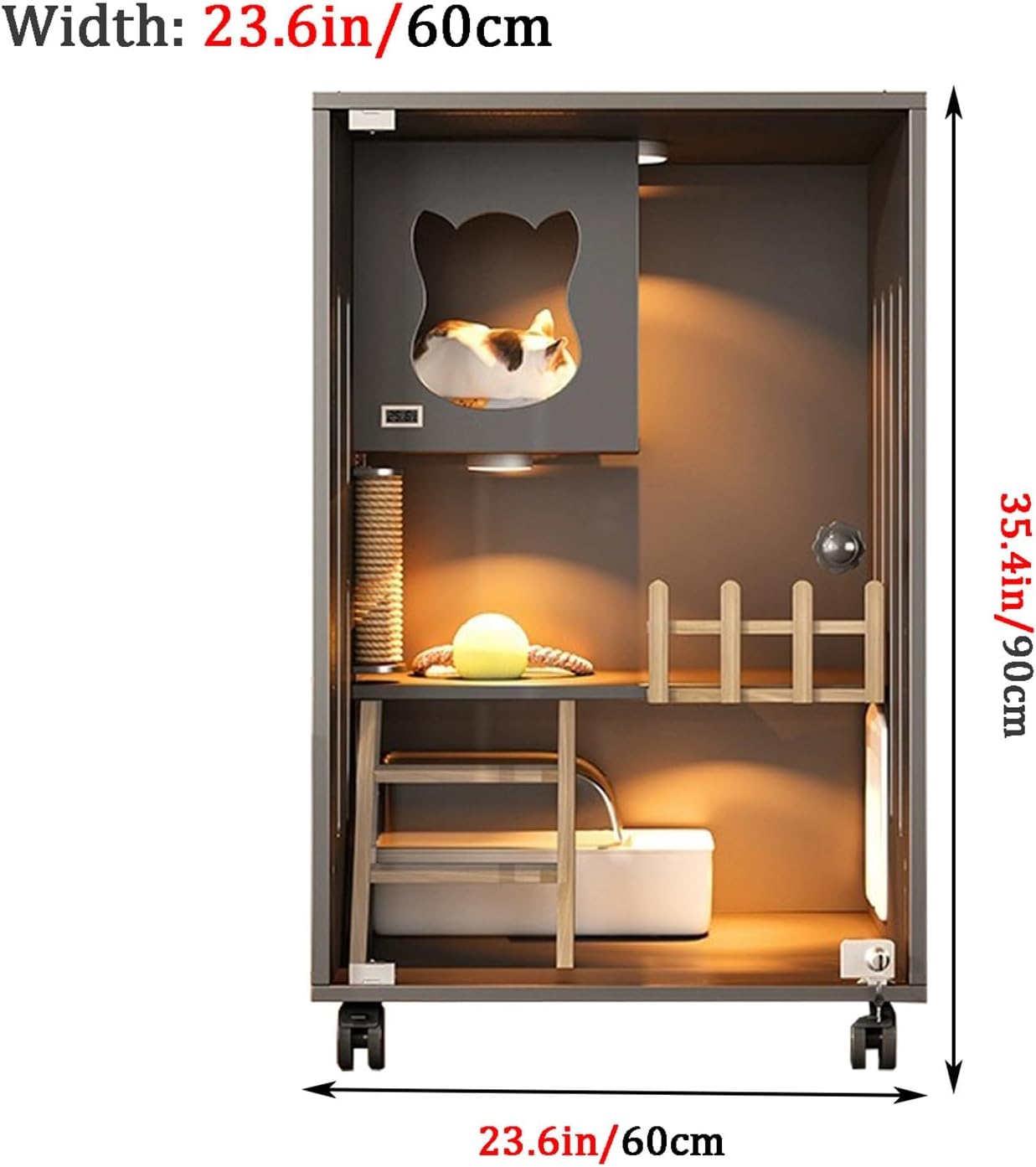 Cat Cage, Indoor furniture solid wood Cat Playpen, Built-in cat ladder and side door - gray, Large Cat Cage with rollers, for small animals to run(23.6x35.4/60x90cm)