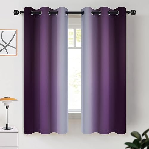 COSVIYA Curtains & Drapes Room Darkening Ombre Curtains 63 inch Length,Grommet Purple and Greyish White Gradient Light Blocking Insulated Thermal Curtains for Bedroom Living Room,2 Panels,42x63 inches