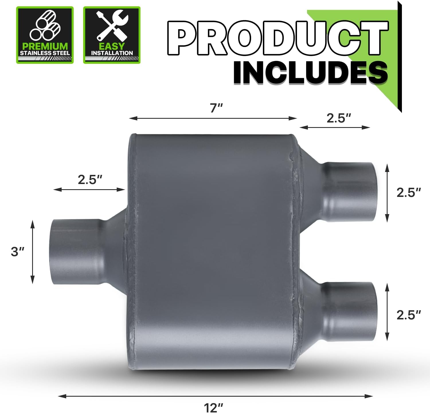 Magshion Universal Exhaust Muffler Stainless Steel Exhaust 3 Inch Inlet 3 Inch Outlet 12 Inch Length, Grey