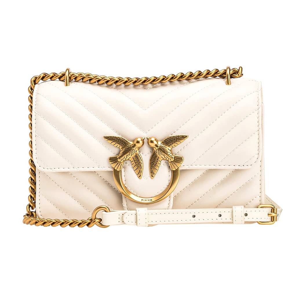 Pinko Love One Mini Dc Sheep Nappa Chevron, Borsa Donna, Z14q_bianco Seta-​antique Gold, Taglia unica