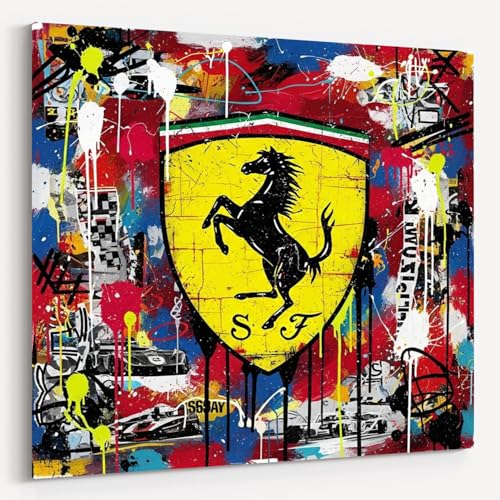 Dekomundo Stampa su tela per garage, grotta maschile, soggiorno, ufficio, decorazione per gli appassionati di automobili, esclusiva, Pop Art Ferrari F1, 80 x 80 cm