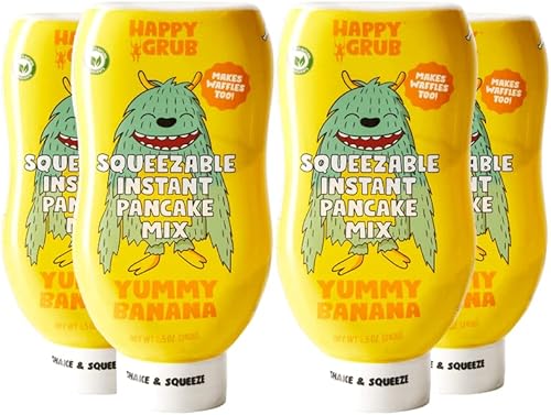 Happy Grub Squeezable Yummy Banana Instant Pancake Mix - All Natural, Organic Mix For Pancakes And Waffles - Family Friendly Mess-Free Bottled Dry Mix - 4 Pack (34oz)