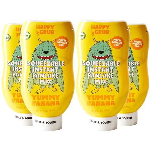 Happy Grub Squeezable Yummy Banana Instant Pancake Mix - All Natural, Organic Mix For Pancakes And Waffles - Family Friendly Mess-Free Bottled Dry Mix - 4 Pack (34Oz) #TOP3