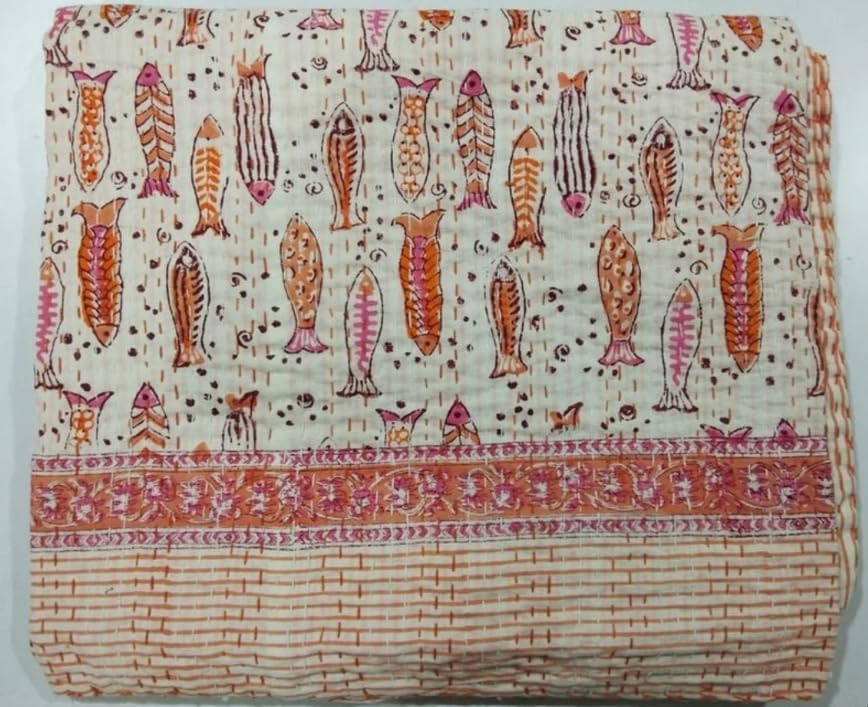 Fish Print Kantha Quilt,Indian Hand Block Print Kantha Quilt,Reversible Cotton Bedding Bedspread Twin Size Vintage Kantha Gudri Handmade Kantha gudari (Color-3, Queen Size 90x108)