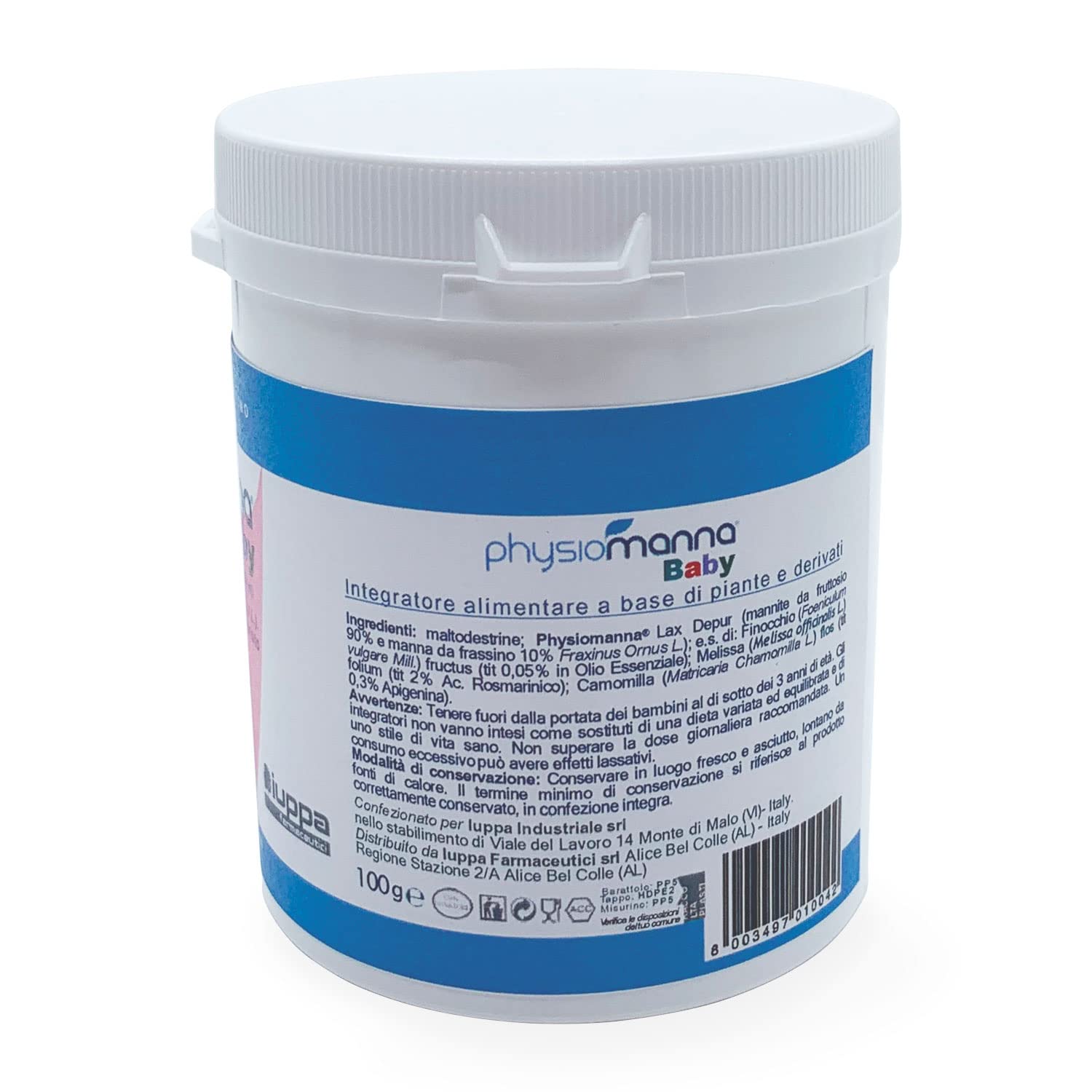 PHYSIOMANNA BABY con pura Manna da Frassino, camomilla, melissa e finocchio, per il benessere gastrointestinale per bambini da 0 a 3 anni – barattolo, 100 gr
