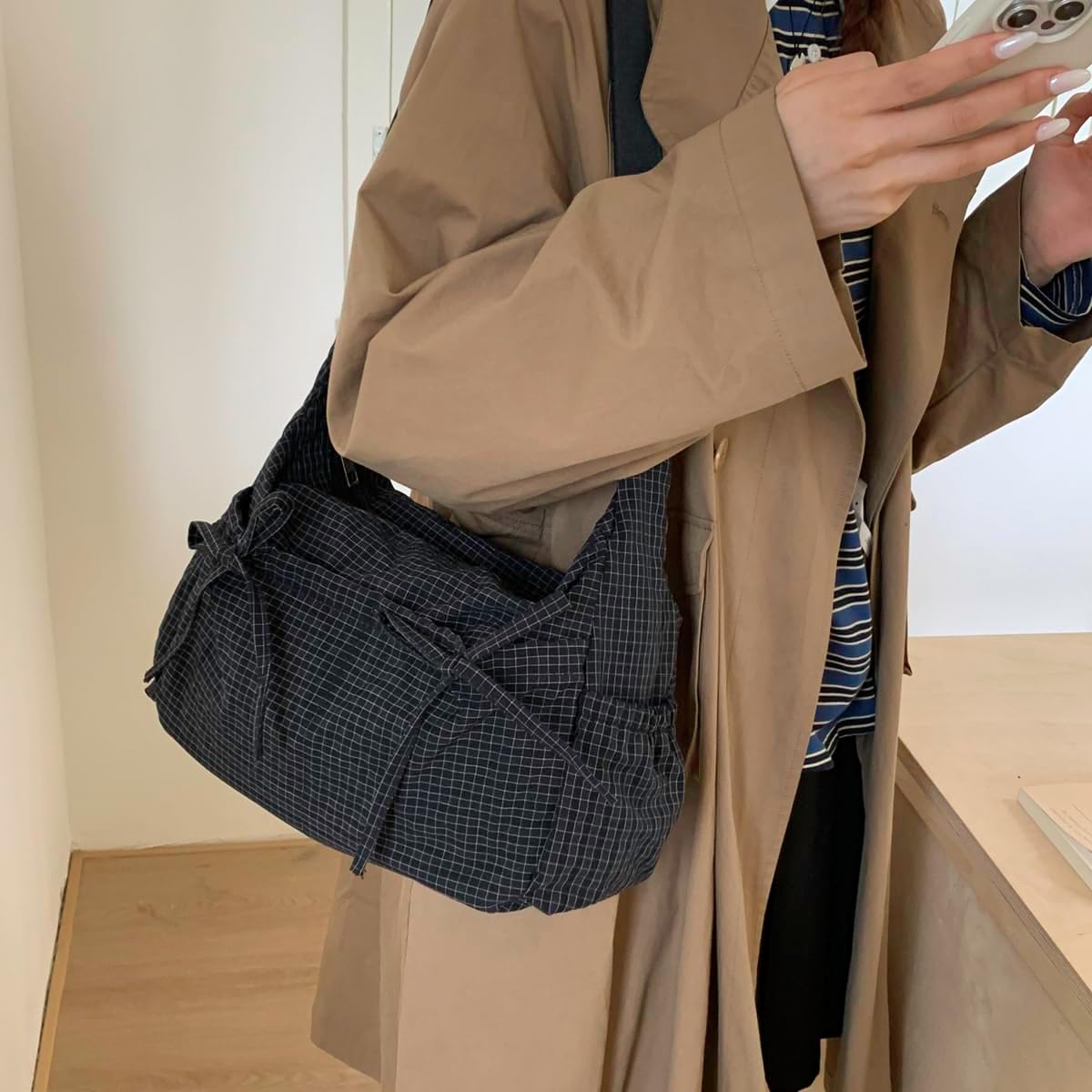 Lushandy Plaid Shoulder Bag Plaid Crossbody Purse Bow Messenger Bag Japanese Style Everyday Bags for College, Travel | Multiple-Pocket, Plaid Bow Design, Lightweight - Image 3