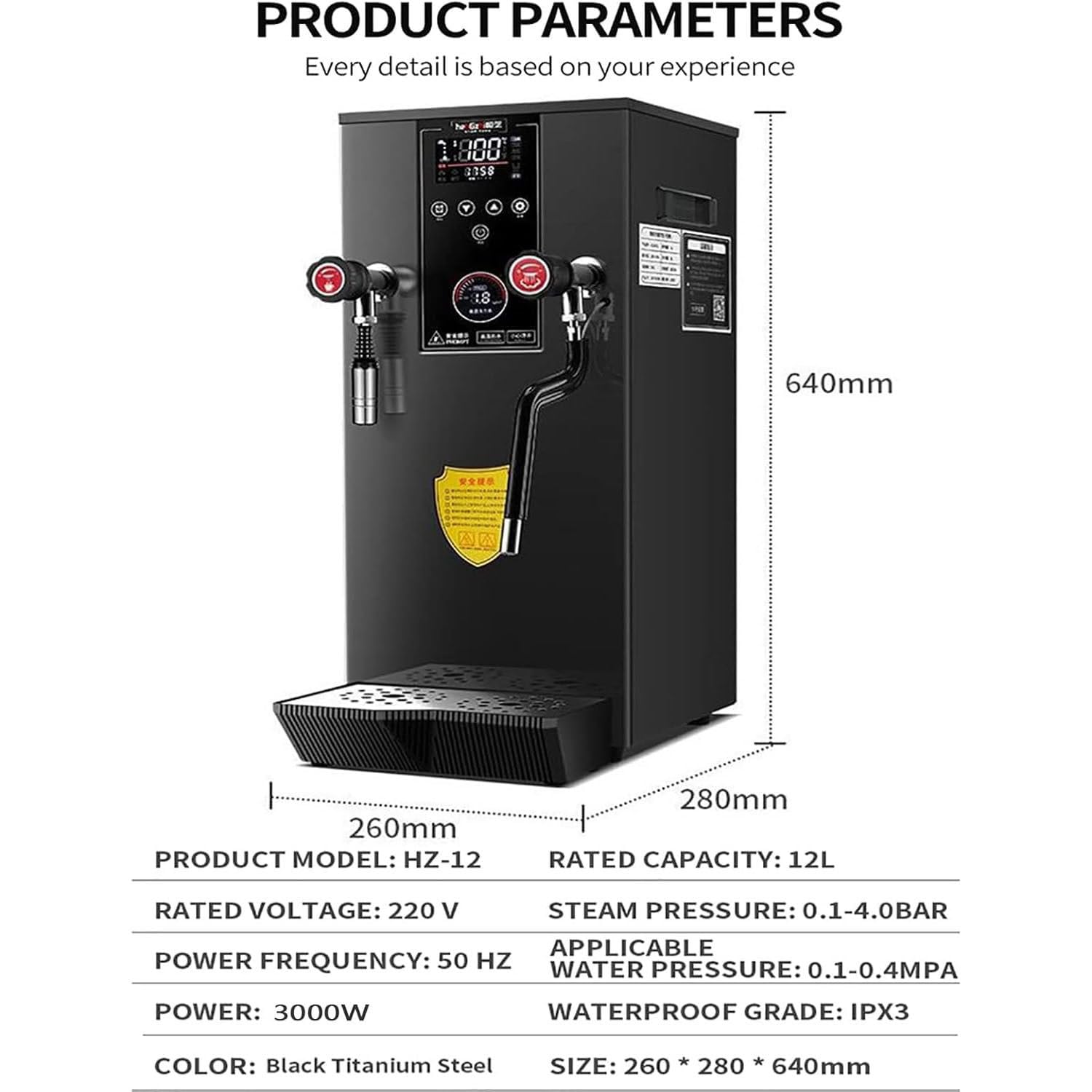 Montalatte Commerciale,Montalatte Acqua Bollente Vapore Completamente Automatico 12 Litri,Display della Temperatura in Tempo Reale,Black-110V