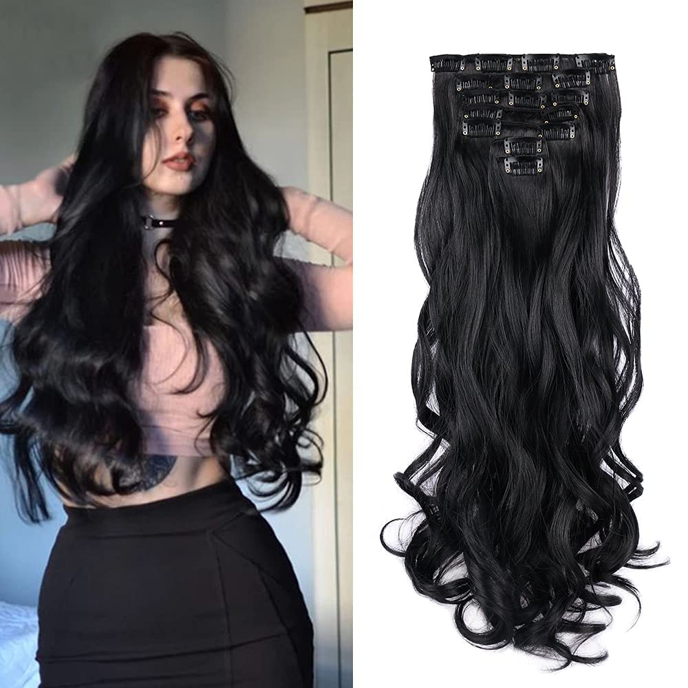 Miss Lirenn® 7 PCS Full Head Clip in Hair Extensions 24" Long Curly Synthetic Thick Hair Extension Wavy Hairpiece for Women Girls (Black)