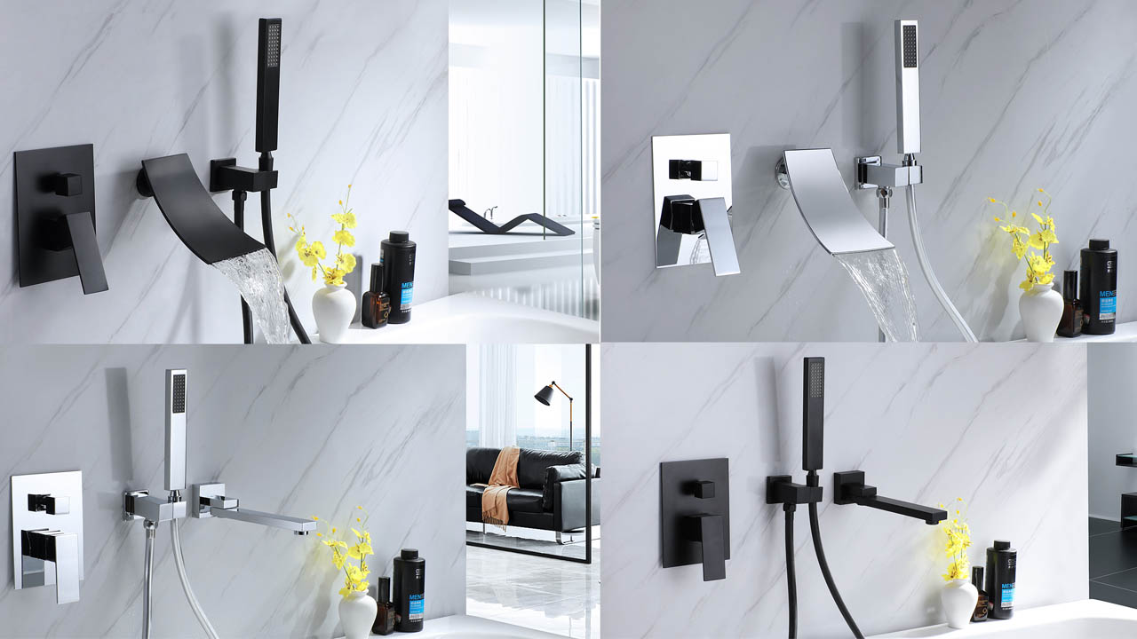 Grifo para bañera de montaje en pared con ducha de mano, grifo moderno de latón macizo con giro de 180°, acabado en níquel cepillado miniatura 7
