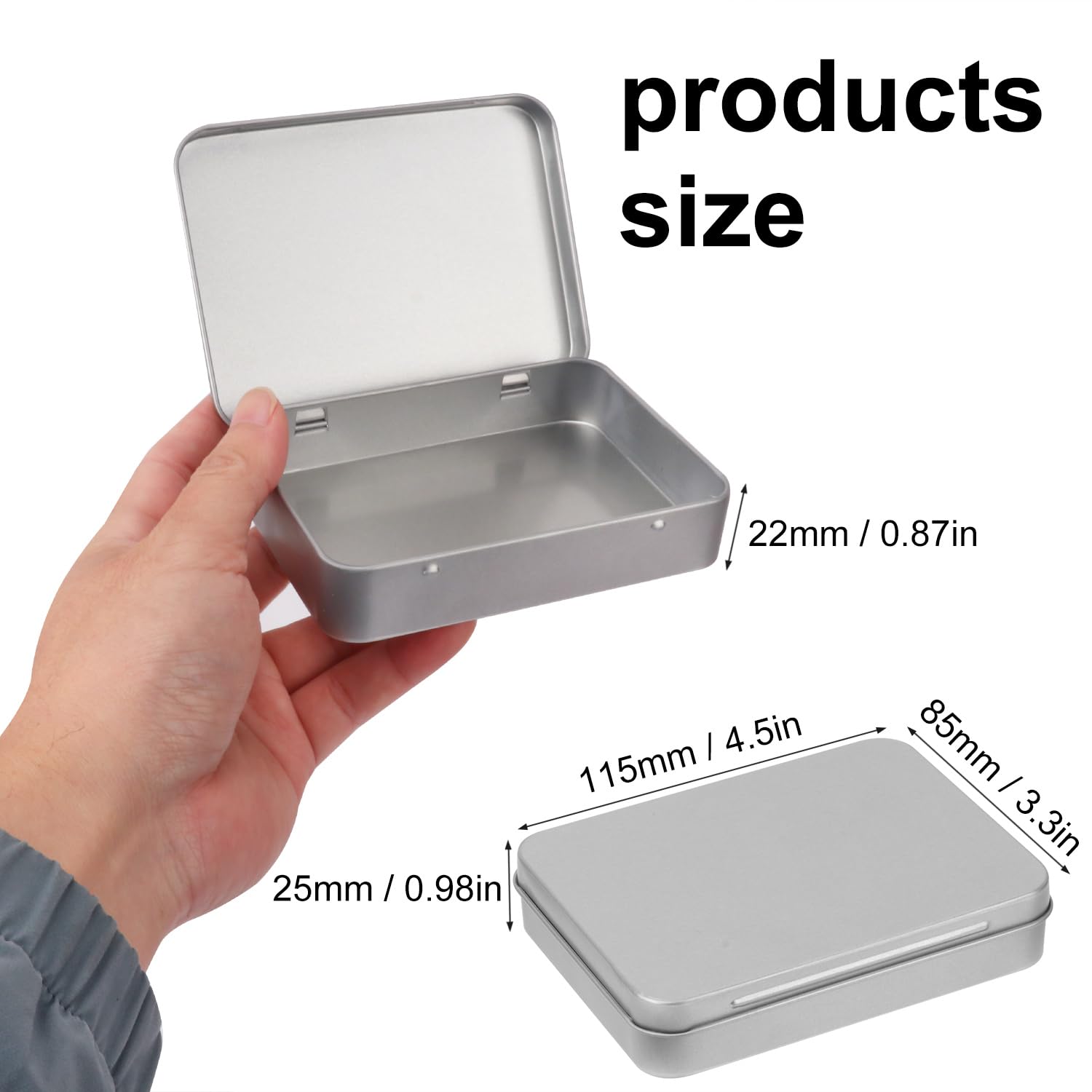 IHDYPPEW 30 Pack Silver Metal Tins with Hinged Lid, Rectangular Hinged Tins for Mini Candles, Keys, Cosmetics, Candy (4.5 x 3.3 x 0.9 Inch)