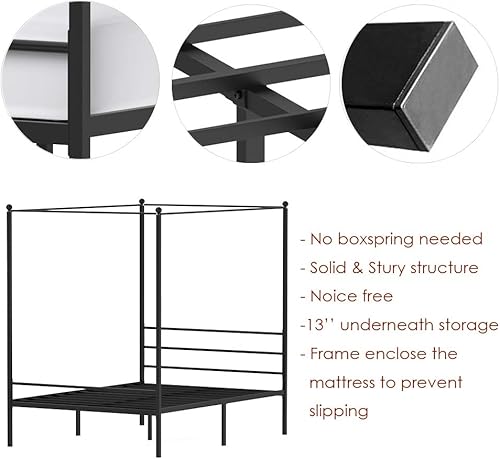 Miniatura 11 de JOM Marco de cama con dosel, tamaño individual, metal negro, 4 pósteres, marco de cama individual, esquina moderna con cabecero para niñas y niños