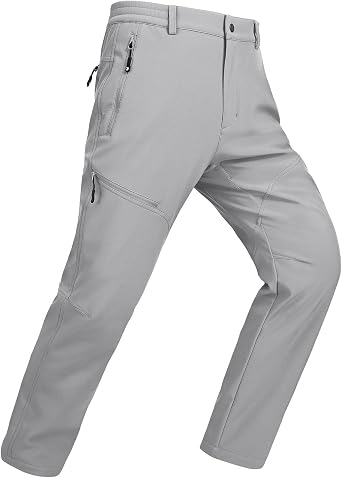 YSENTO Mens Insulated Snow Ski Pants Waterproof Winter Fleece Lined Softshell Hiking Cargo Pants Zipper Pockets Light Grey 34