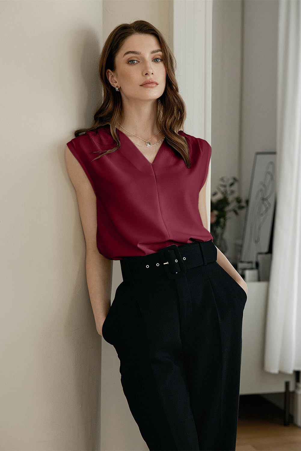 EVALESS Women's Pleated V Neck Sleeveless Tank Top - Image 3