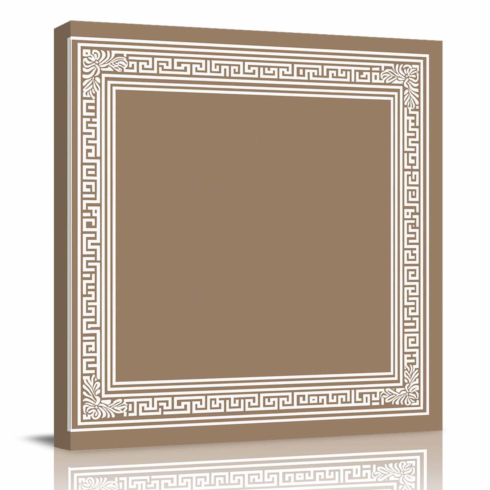 Framed Canvas Wall Art Geometric Key Design on Brown Oil Painting Pictures Artwork for Wall Decor,Classic Greece Ethnic Pattern Canvas Prints for Bedroom Bathroom Office Living Room,12x12in