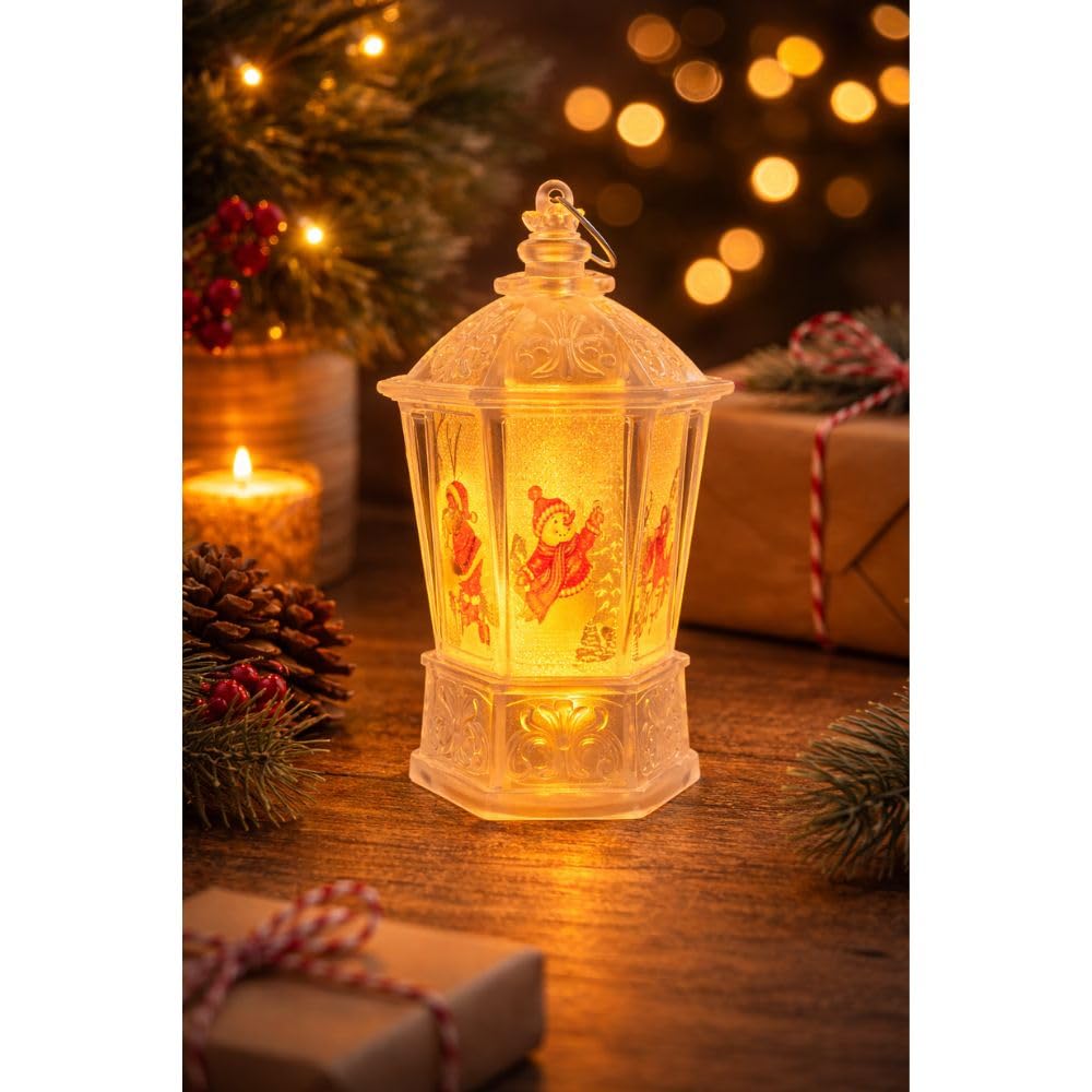Premium Decorative Christmas LED Lantern - Holiday Lamp with Santa, Reindeer and Snowman Prints - Portable Festive Home and Hall Decor Light - Traditional Xmas Table Centerpiece 3
