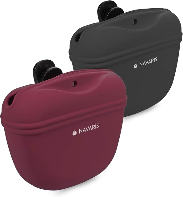 Navaris Silicone Dog Treat Pouch - Training Pet Puppy Bag Pocket Snack Treat Food Holder with Clip for Belt for Dog Walks - Set of 2, Red, Grey