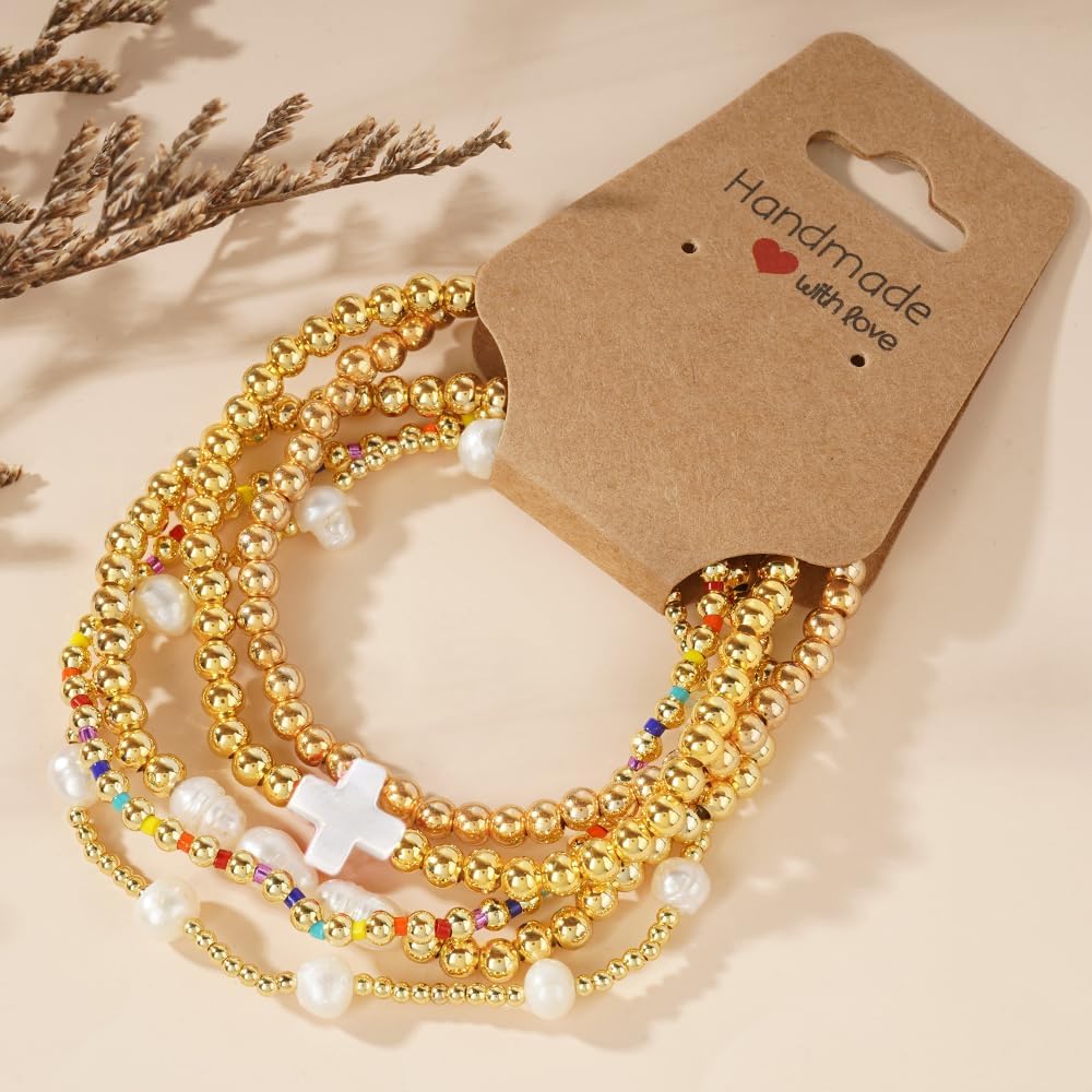 14K Gold Pearl Beaded Cross Bracelets Stack Set for Women,Stretch Boho Colorful Christian Beads Ball Jewelry Trendy Gift - Image 6