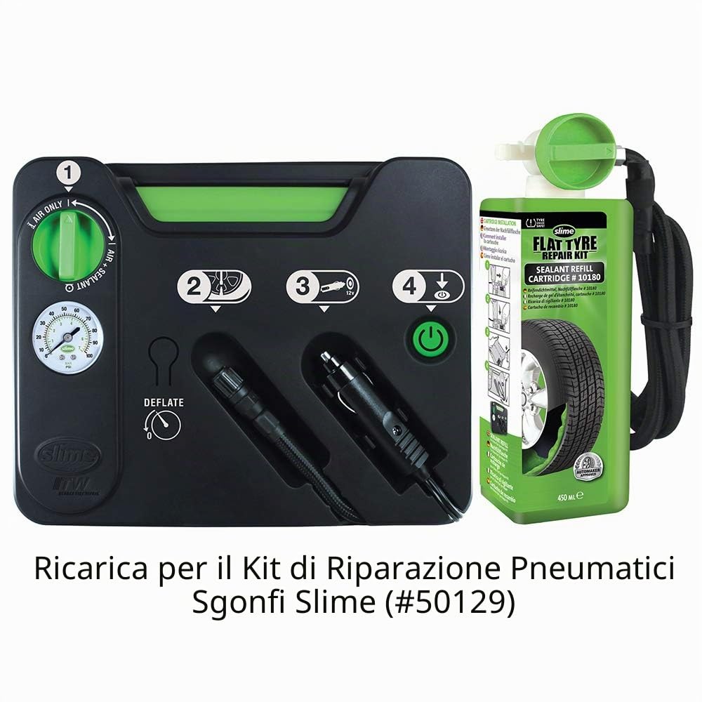 Slime 50129 Pneumatico Antiforatura, Kit di Emergenza, Contiene Sigillante e Compressore, per Auto e Altri Veicoli Stradali & 10180 Ricarica per Kit di Riparazione Pneumatico Antiforatura