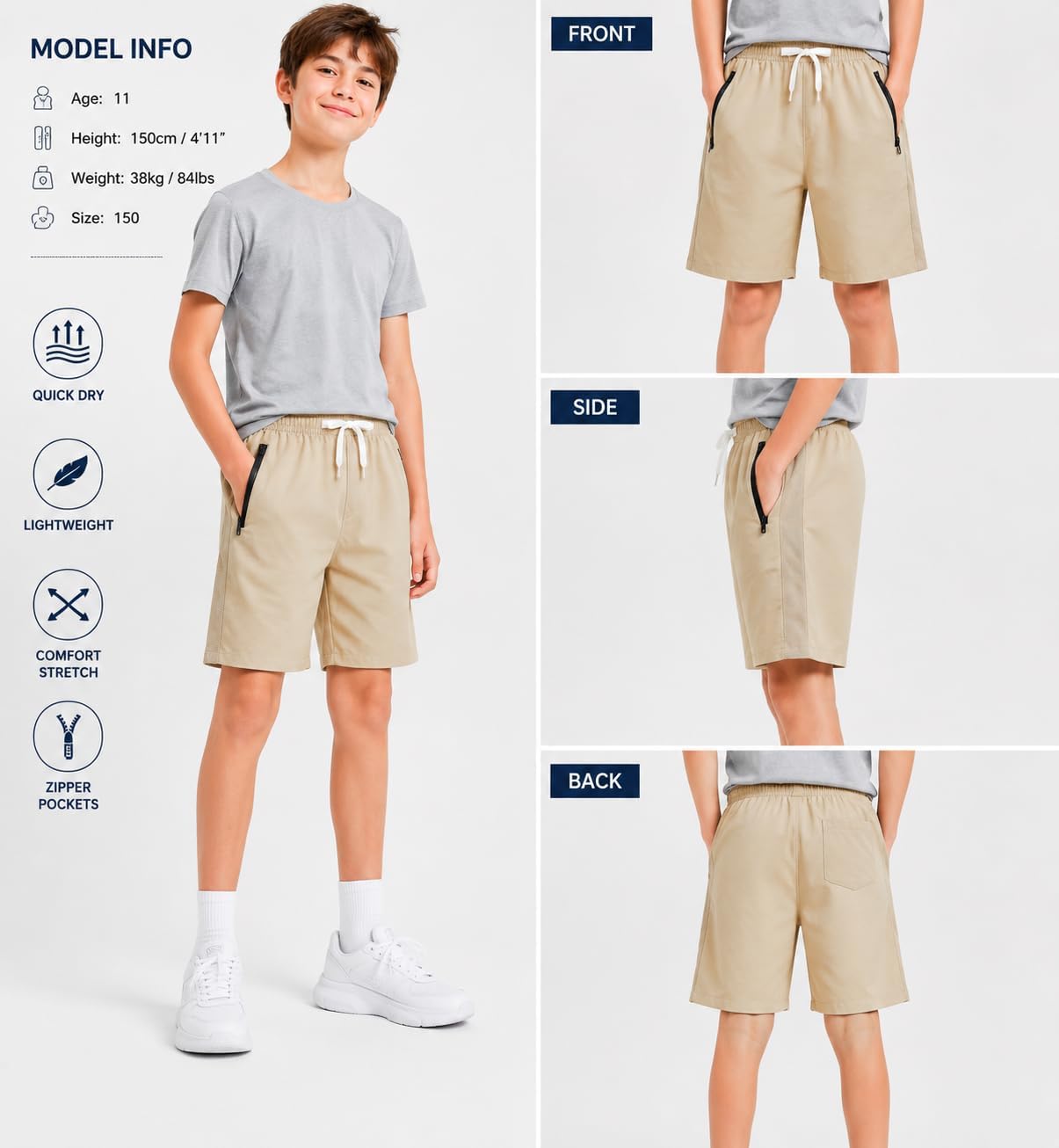 HILEELANG Boys Athletic Shorts 2 Pack Quick Dry Gym Shorts with Zipper Pockets Elastic Waist Summer Active Shorts for Kids
