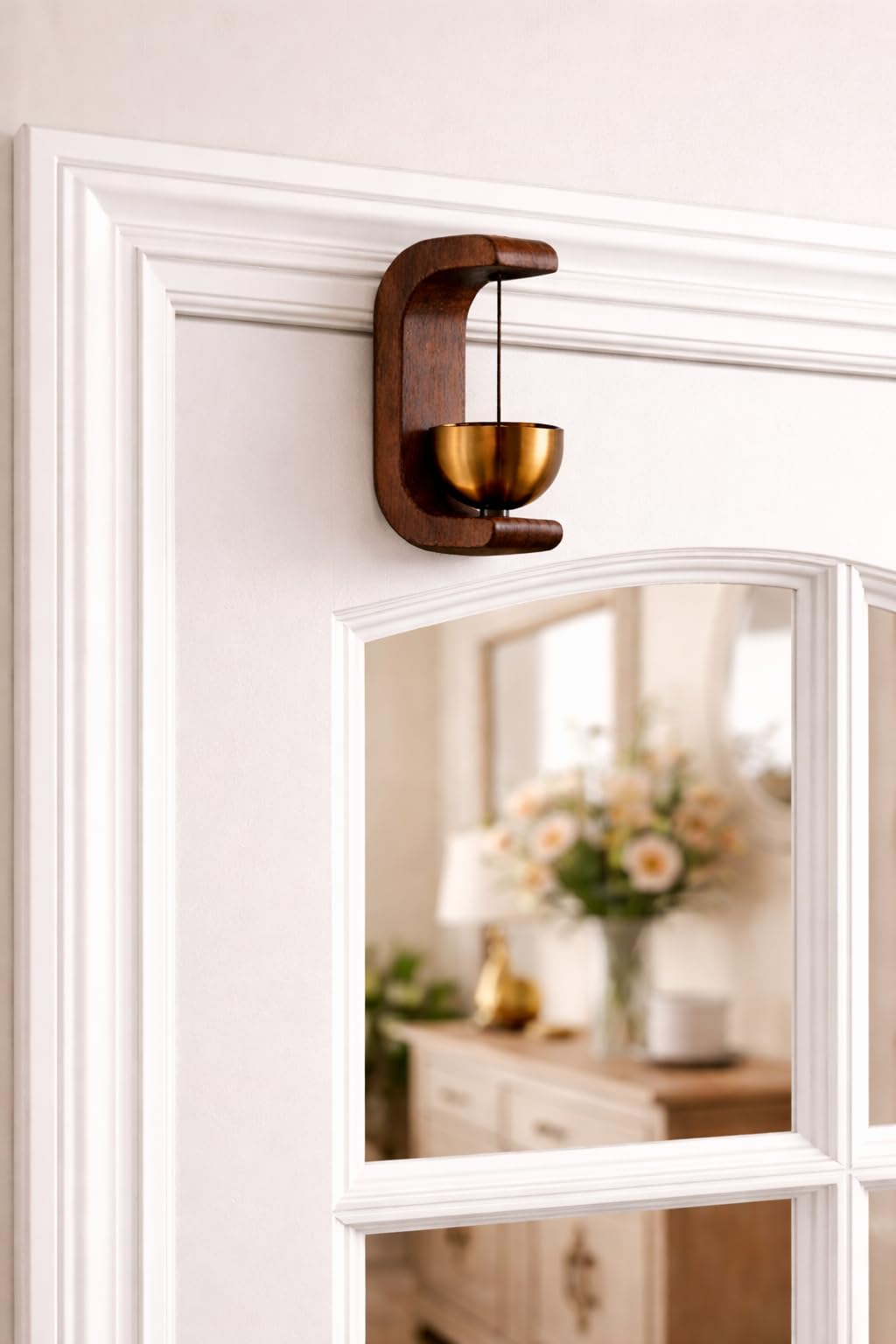 Retro C-Shaped Magnetic Wooden Shopkeepers Bell – Brass & Wood Door Chime, Self-Adhesive Or Magnetic Mount, Soft Pleasant Sound, For Café, Store, Office, Home, Pet Door