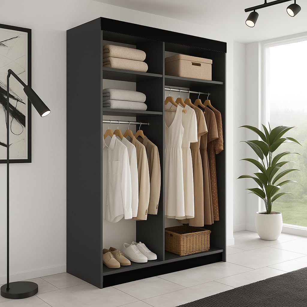KIER FURNITURE Armoire 138x205x59 cm avec Miroir - LAMARO - Armoire de Rangement Dressing - Garde‑Robe Placard Penderie - Meuble de Rangement Vêtements - Chambre Adulte & Enfant - Noir & Old Style