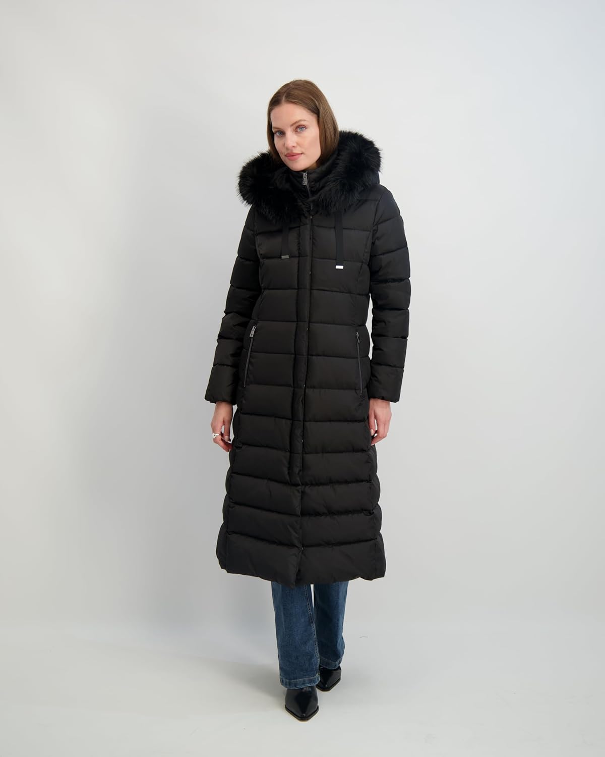 TAHARI Women's Maxi Puffer Coat, Attached Bib, Faux Fur Hood Trim, Hand Warmer Pockets, Long Puffer Coat - Image 5
