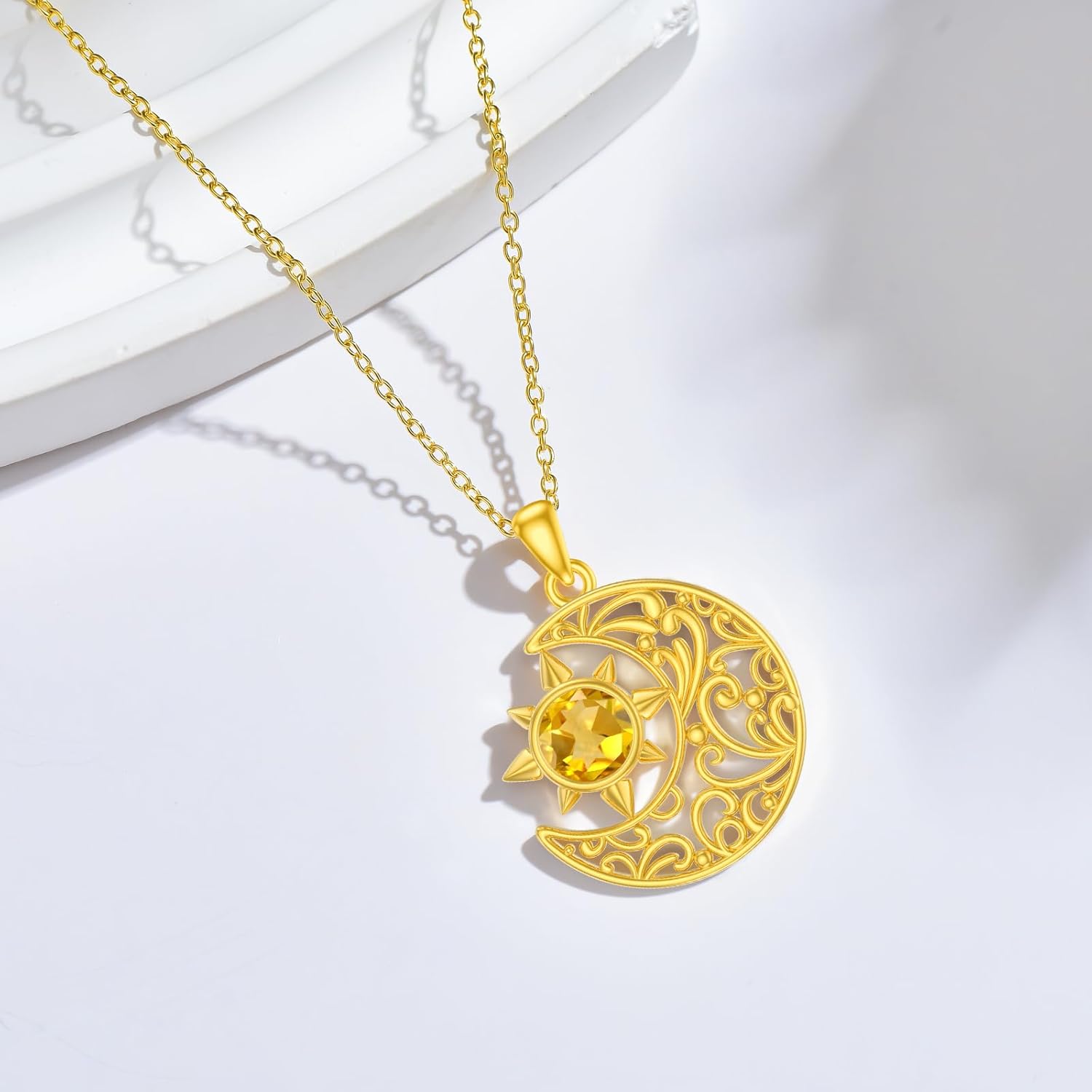 Natural Citrine Sun and Moon Pendant Necklace for Women 925 Sterling Silver Genuine Citrine Jewelry Gifts for Her - Image 3