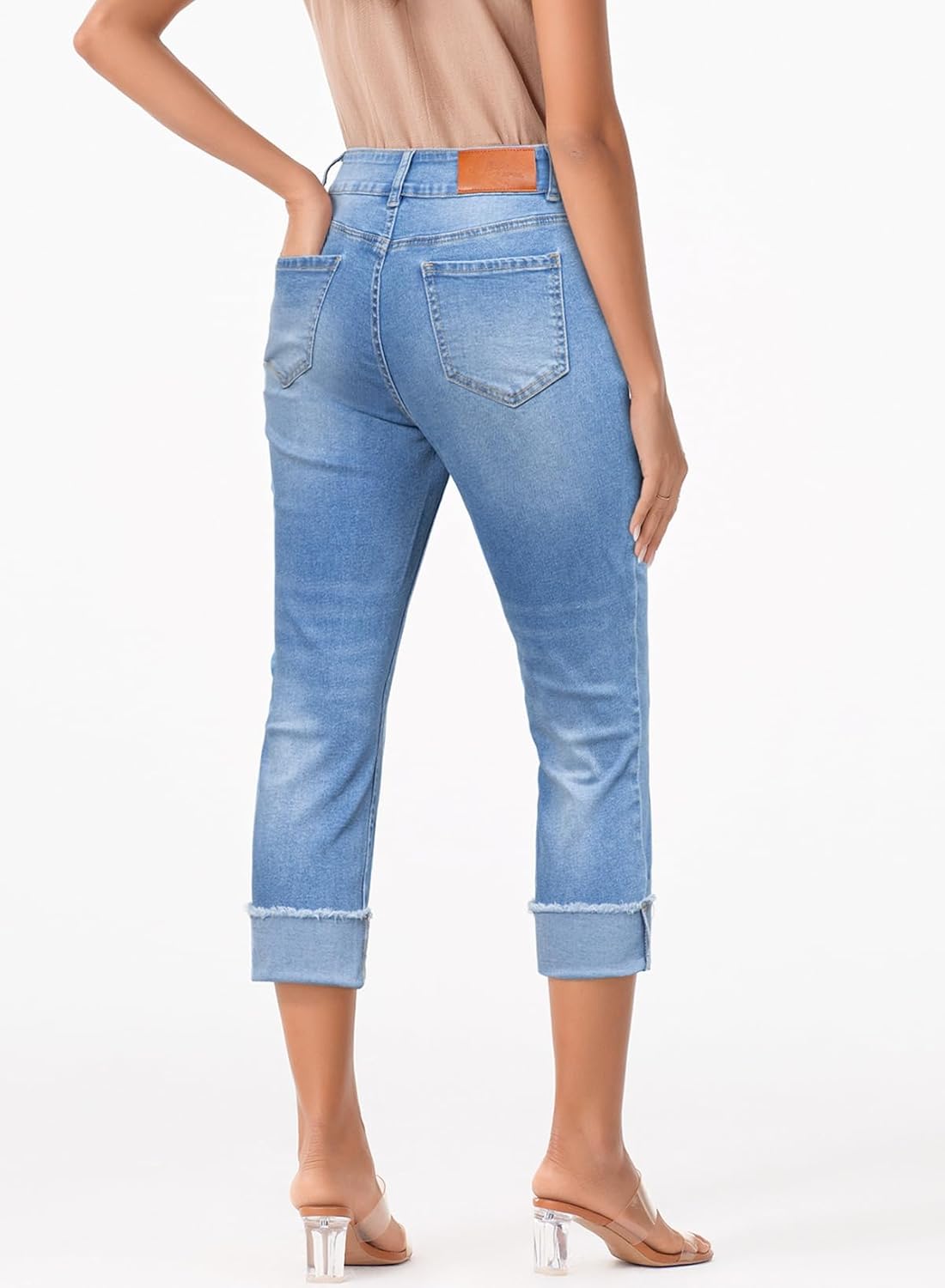 Sidefeel Women's Capri Jeans High Waisted Stretchy Roll-up Skinny Cuffed Cropped Zimbaplatinum Summer Capri Pants - Image 2