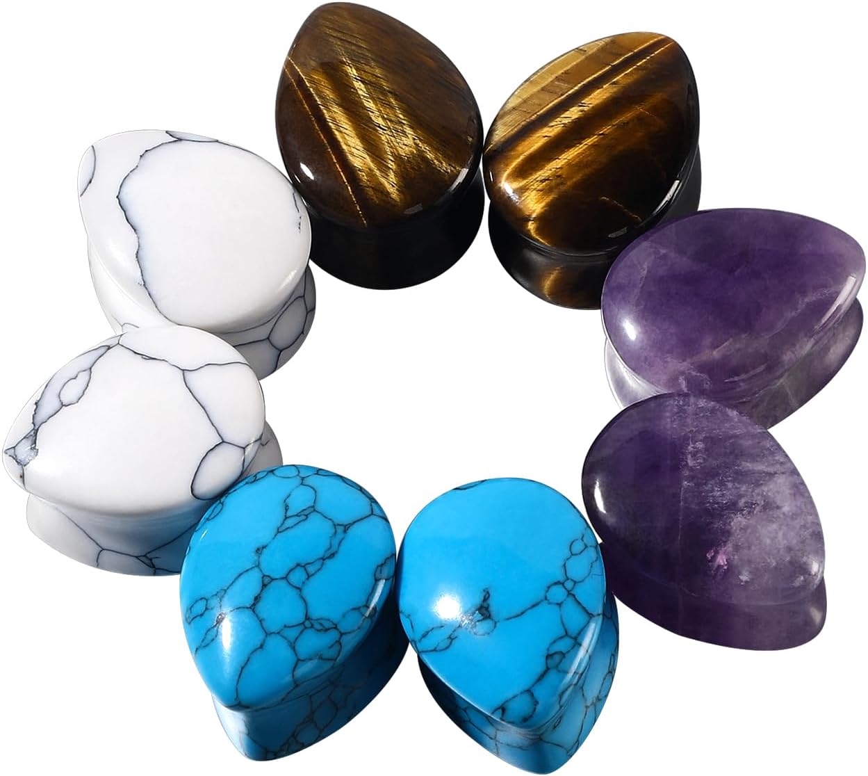 8PCS Stone Teardrop Shape Ear Plugs Set Amethyst Woodgrain Crackles Ear Expander Stretcher Kit for Beginner Earlobe Body Piercing Jewelry for Women Men 2G-5/8”