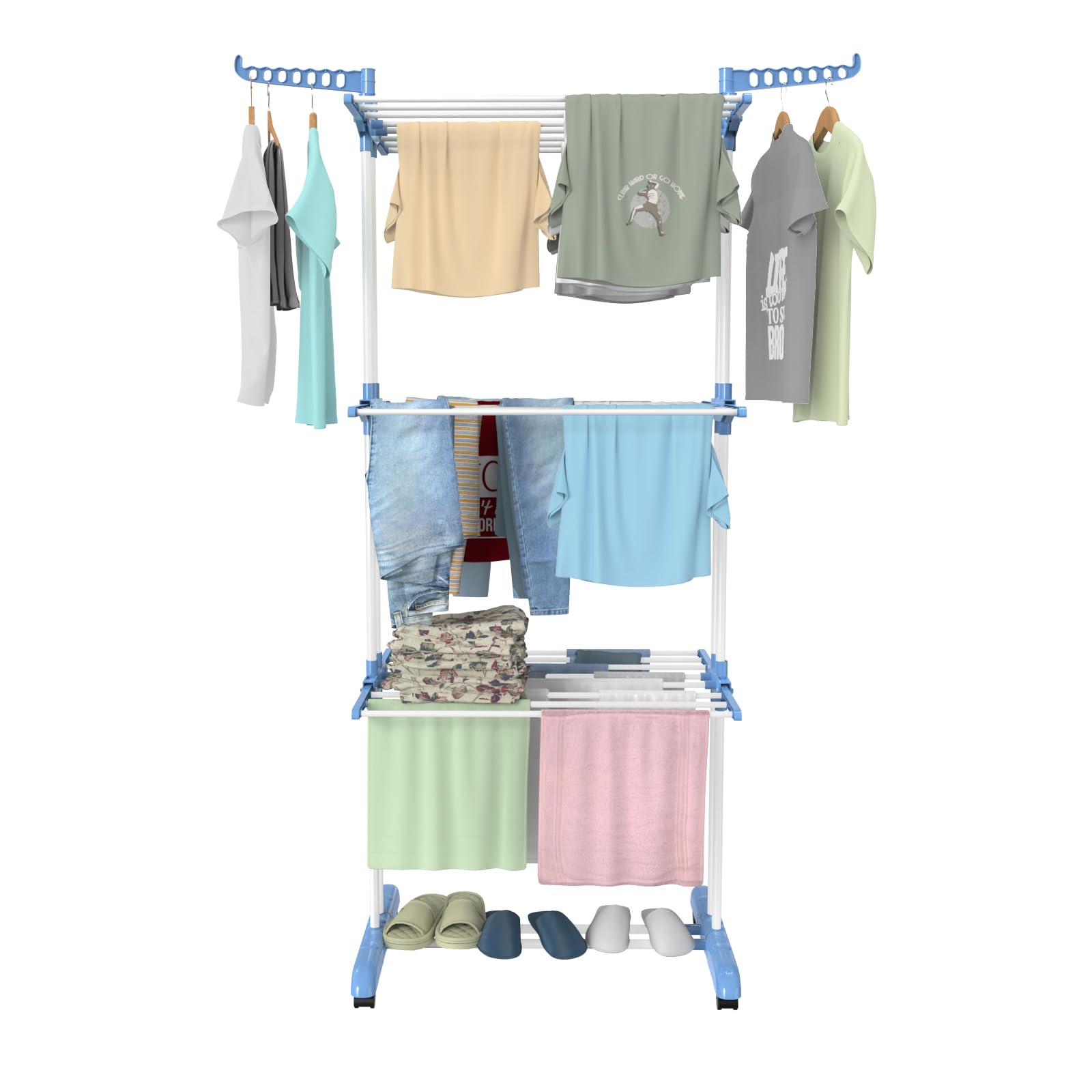 BigzziaClothes Drying Rack Folding Drying Rack Clothing 4 Tier Clothes Horses Rack Stainless Steel Laundry Drying Rack with Two Side Wings Light Blue