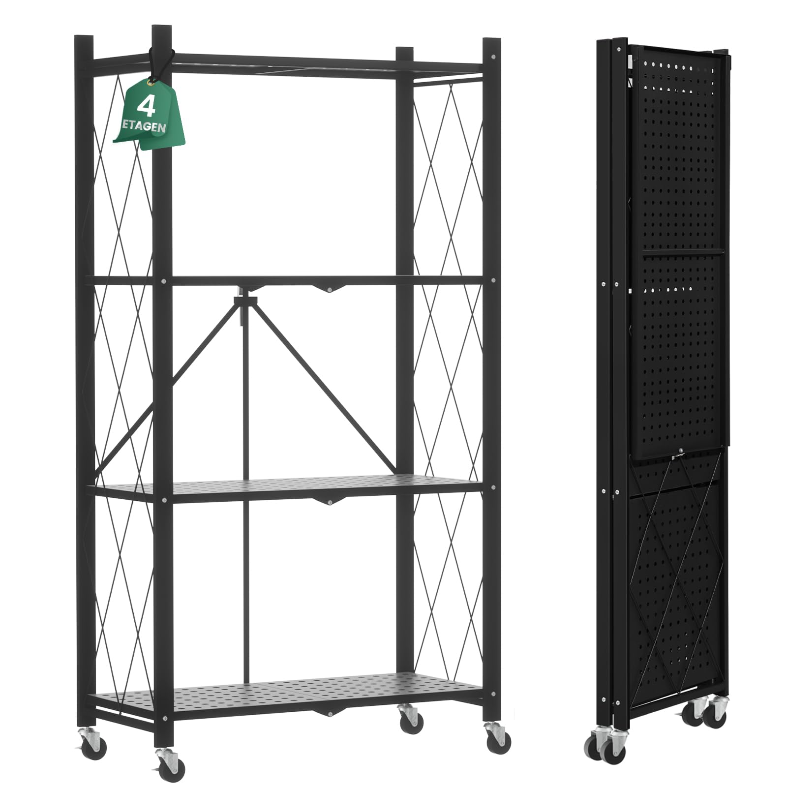 ALANNG Klappregal mit Rädern - Standregal, Bücherregal aus Metall - Montagefrei & Stabil - Für Küche, Wohnzimmer, Keller, Büro