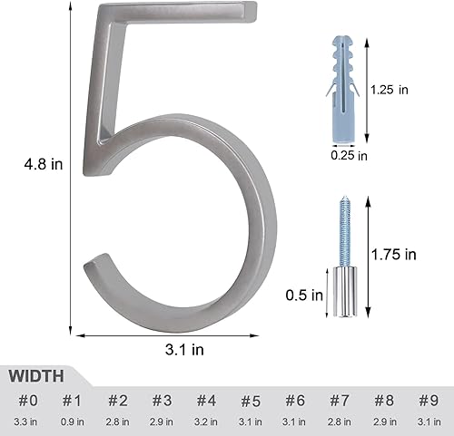 Miniatura 4 de Números metálicos para casa exterior, números de casa modernos de 5 pulgadas, números de dirección flotantes con tornillos, aleación de zinc libre