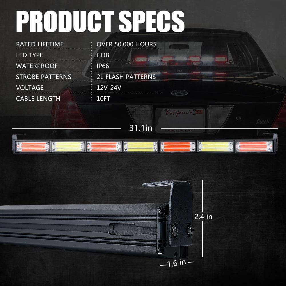 Xprite 31" COB LED Emergency Traffic Advisor Strobe Light Bar, 21 Flashing Patterns Directional Hazard Warning Lightbar, for Police Firefighter Ambulance Vehicles Trucks Cars SUV White/Red