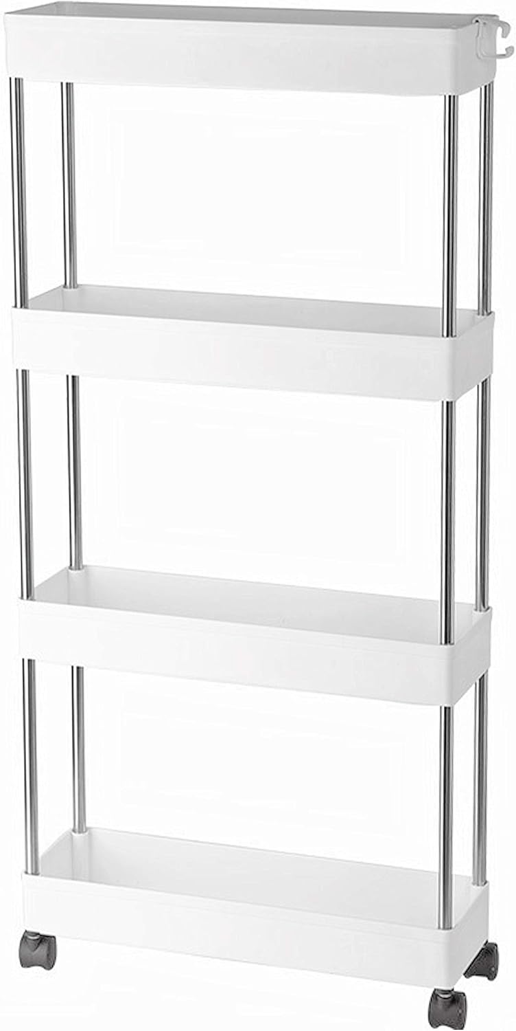 YEAVS Slim Storage Utility Cart 4-Tier, Shelving Unit in Bathroom Kitchen and Narrow Places, Rolling Cart Organizer (White, 4 Tier)