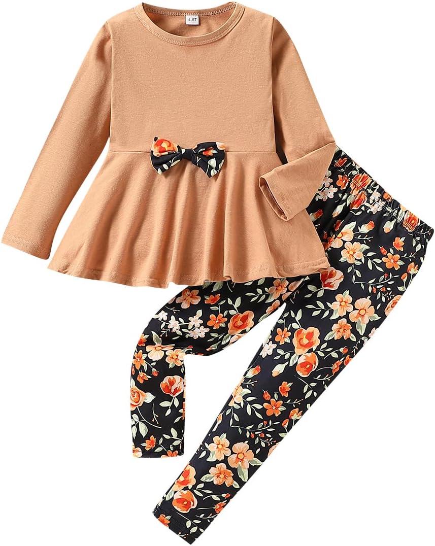 Kids Toddler Girls Clothing Set Long Sleeve Top With Bowknot +Floral Print Pants 2 Pcs Fall Outfits Set