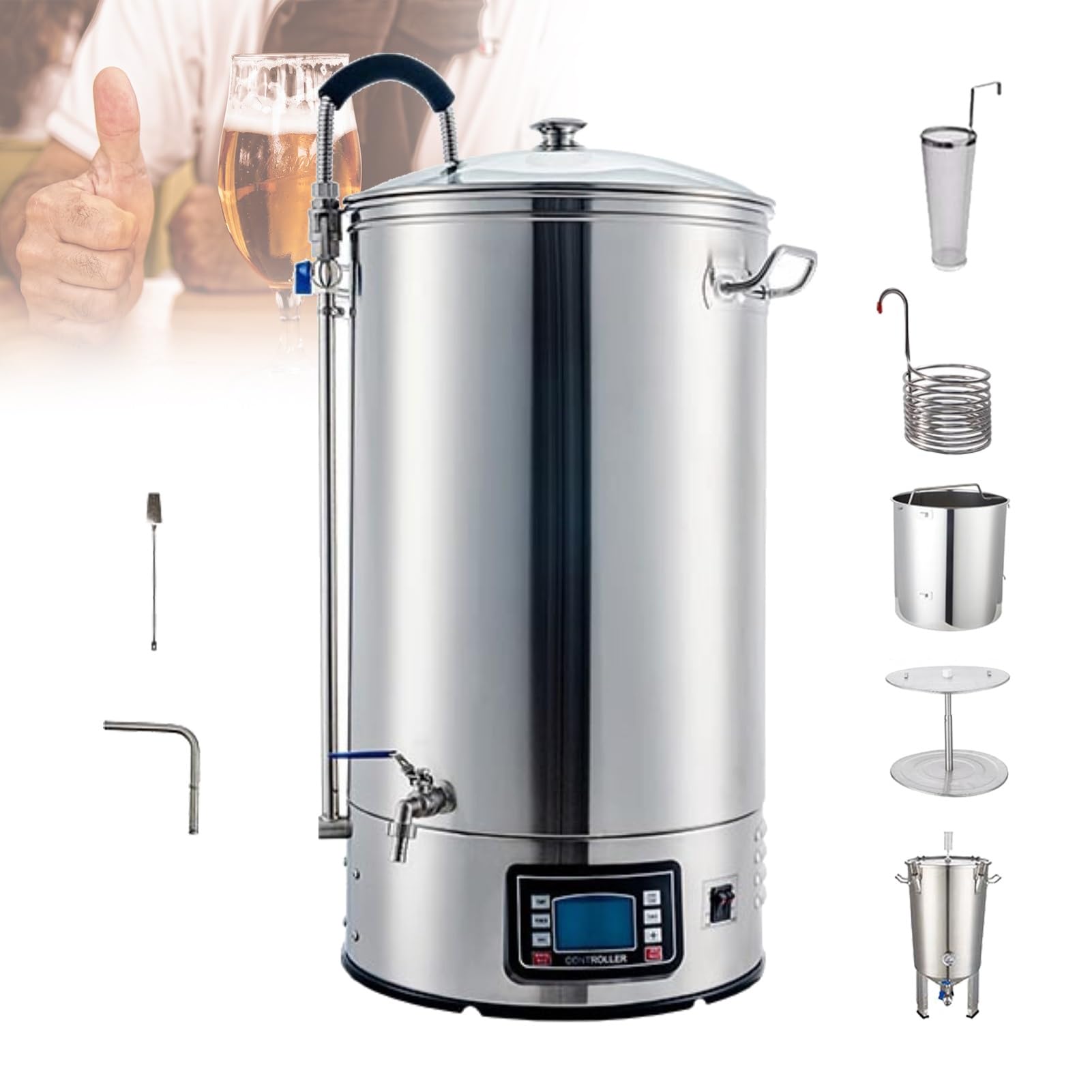 Sistema de cervecería integral for el hogar: hervidor de acero inoxidable de 40 l con controlador LCD y enfriador de cobre de 8,7 m | Capacidad de grano de 8,7 kg, aumento de eficiencia del 22 %, limp