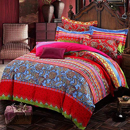 Abreeze Bohemian Duvet Cover Set Colorful Red Boho Retro Bedding Set Damask Paisley Cotton Duvet Cover Tribal Reversible Bedding Exotic Style Comforter Cover 3-Piece King #TOP2